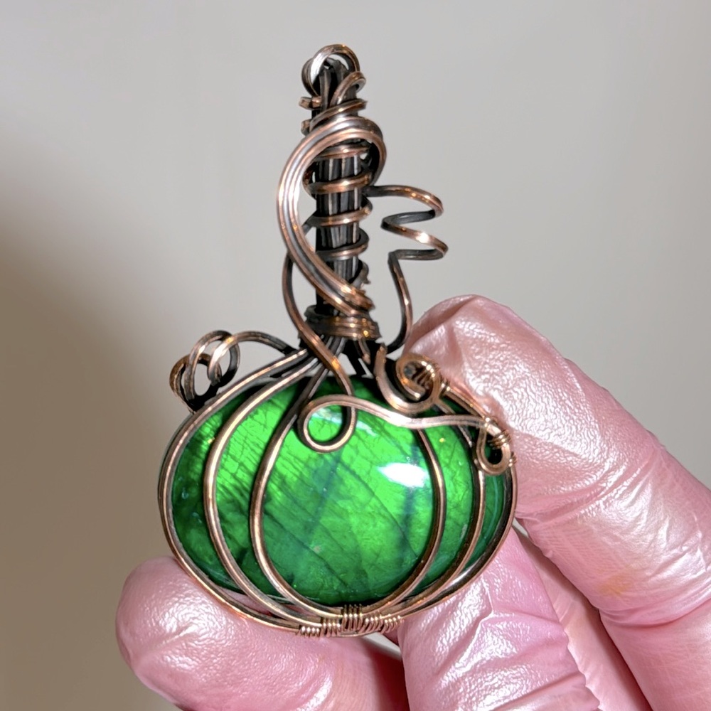 Pumpkin Copper Wire Wrap Pendant with Flashy Green Labradorite Gemstone